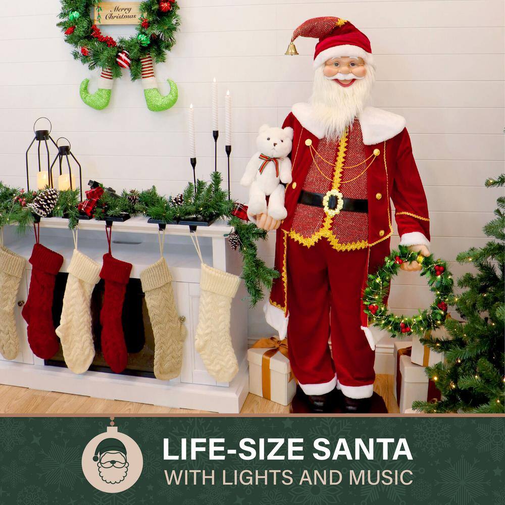 58" Red Velvet Dancing Santa with Bear and Wreath