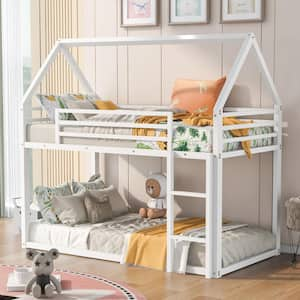 White Twin over Twin Metal House Bunk Bed with Built-in Ladder