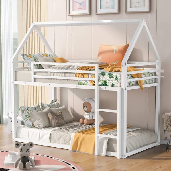 Harper & Bright Designs White Twin over Twin Metal House Bunk Bed with Built-in Ladder