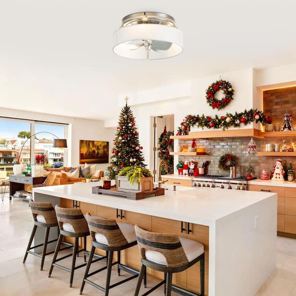 12.6 in. Indoor Satin Nickel Caged Flush Mount Low Profile Ceiling Fan with Light and Remote Control