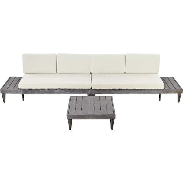 Unbranded Grey 3-Piece Solid Wood Outdoor Patio Furniture Sectional Set with Coffee Table Conversation Set and Beige Cushions