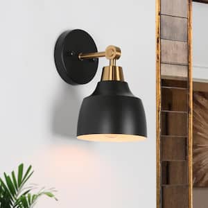 Modern Black Bell Wall Sconce Bath Vanity Light 1-Light Powder Room Wall Light with Brass Plated Arm White Inner Shade