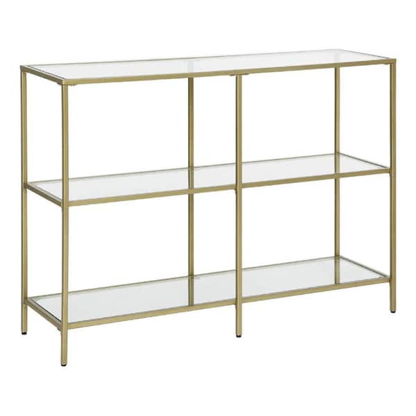 Benjara 39.4 in. Gold -Tier Tempered Glass Metal Rectangular Console Sofa Table