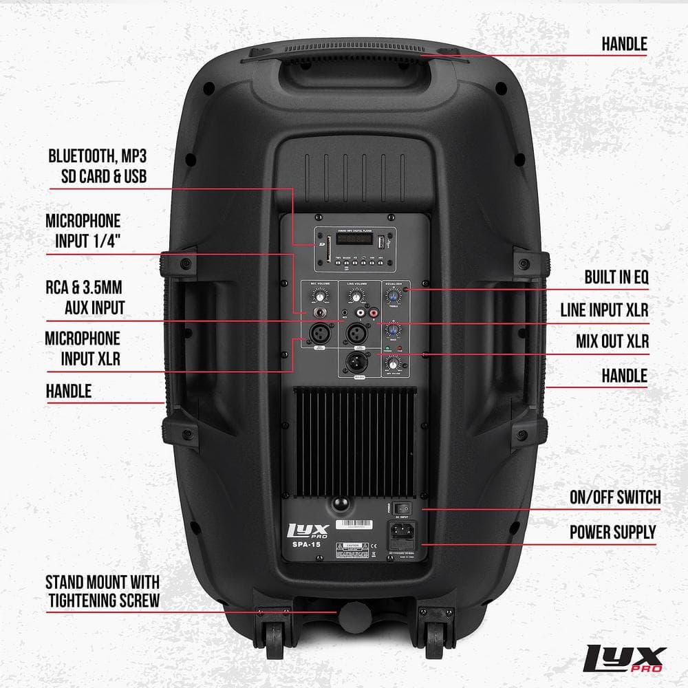 15" Black Portable PA Speaker with Bluetooth and MP3 Input