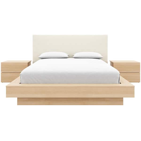 Marko 4-Piece Natural Blonde Oak Queen Size Bedroom Set with Upholstered Headboard