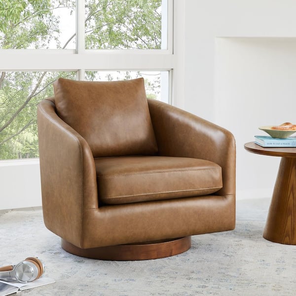 Miller Saddle Leather Round Arm 360° Swivel Accent Chair Arm Chair for Bedroom or Living Room, No Assembly Required