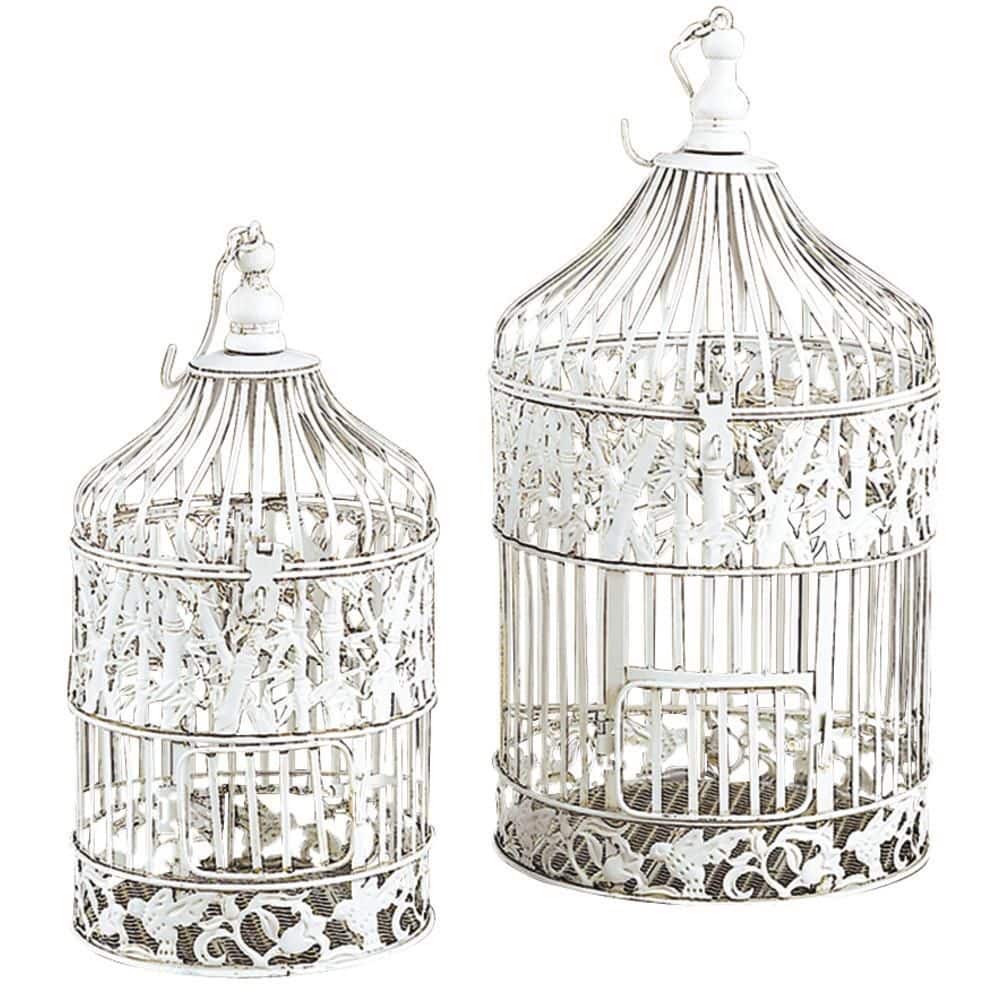 White Iron Floral Design Hanging and Standing Birdcages, Set of 2