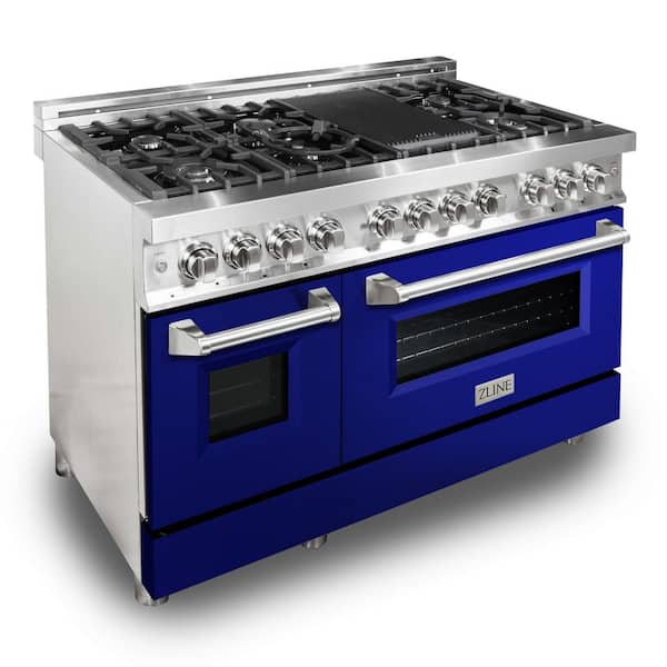 ZLINE Kitchen and Bath 48 in. 7 Burner Double Oven Dual Fuel Range with Blue Gloss Door in Stainless Steel