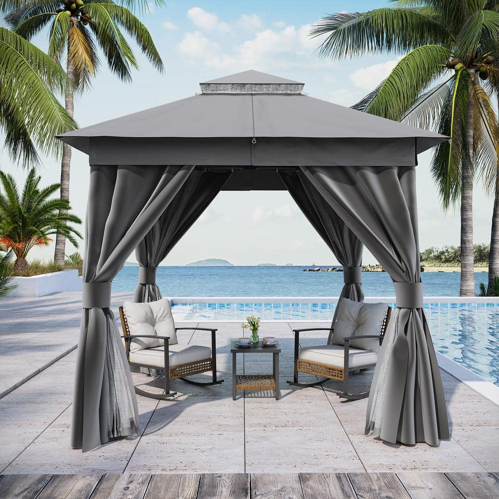 Gray Steel 8x8 Patio Gazebo with Curtains