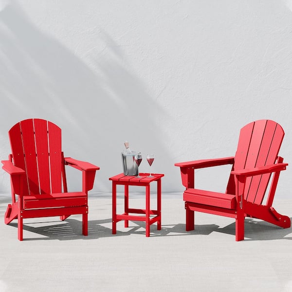 Laguna 3-Piece Fade Resistant Outdoor Patio HDPE Poly Plastic Folding Adirondack Chair Set with Side Table in Red