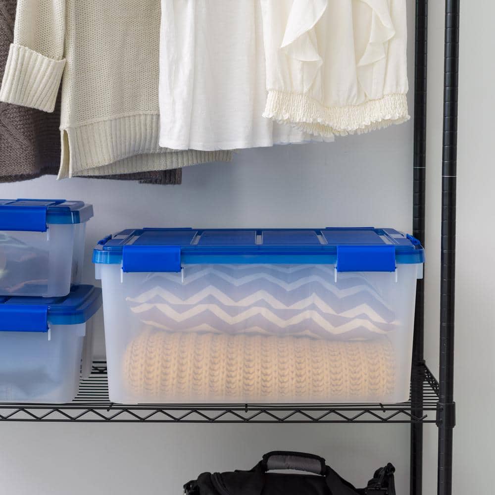 Clear 60 Quart Stackable Plastic Storage Box with Blue Lid