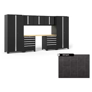 Pro Series 156 in. W x 84.75 in. H x 24 in. D Steel Cabinet Set in Black ( 8- Piece ) with 600 sqft Flooring Bundle