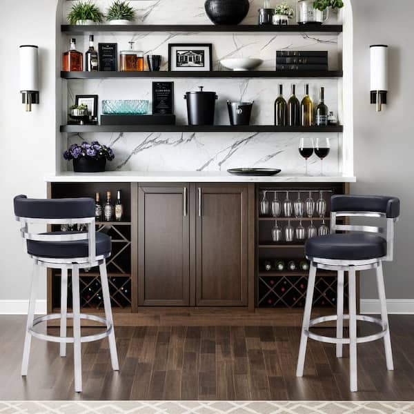 Armen Living Madrid Contemporary 30 in. Bar Height Bar Stool in Brushed Stainless Steel and Black Faux Leather