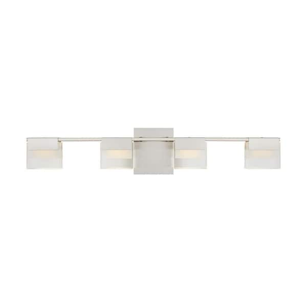 Home Decorators Collection VICINO 30 in. W x 5.71 in. H 4-Light Matte Nickel Integrated LED Bathroom Vanity Light with Frosted Rectangular Shades