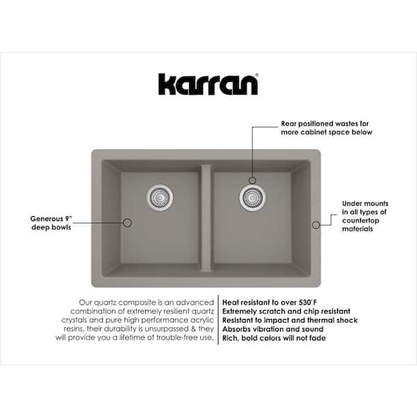 Karran QU-810 PK1 32 inch Undermount Double Bowl 50/50 Quartz Kitchen Sink Kit in White