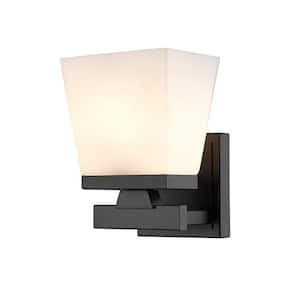 Astor 5.75 in. 1-Light Matte Black Wall Sconce with Etched Opal Glass Shade