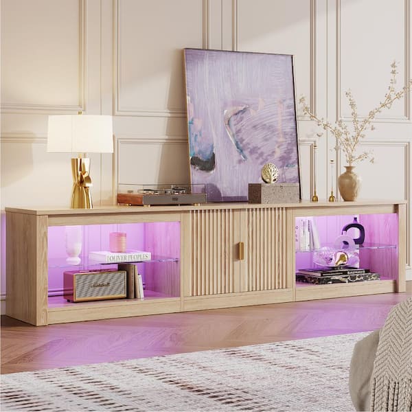 80 in. Fluted Natural Wood Color TV Stand Fits TV Up to 85 in. LED Entertainment Center w/ Cabinet and Adjustable Shelf
