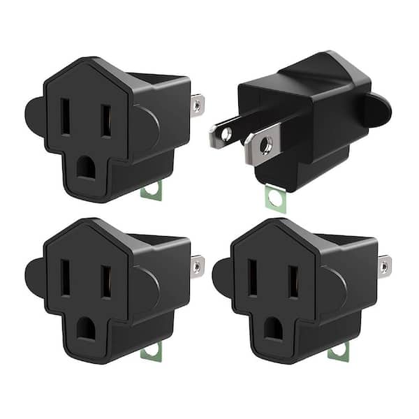 15 Amp 125-Volt Straight Blade Adapter Connector 3-Prong to 2-Prong Grounding Plug 392℉ Resistant, Black (4-Pack)