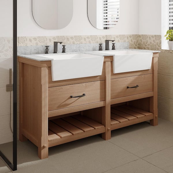 MEDUNJESS VLeaf 60 in. W x 20 in. D x 34.5 in. H Double Sinks Bath Vanity Cabinet in Driftwood with Carrara Marble Top