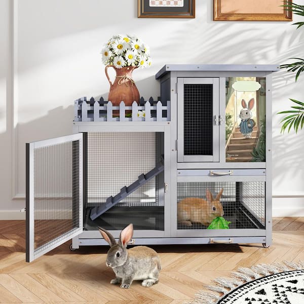 COZIWOW Rabbit Hutch with Balcony and Universal Wheels