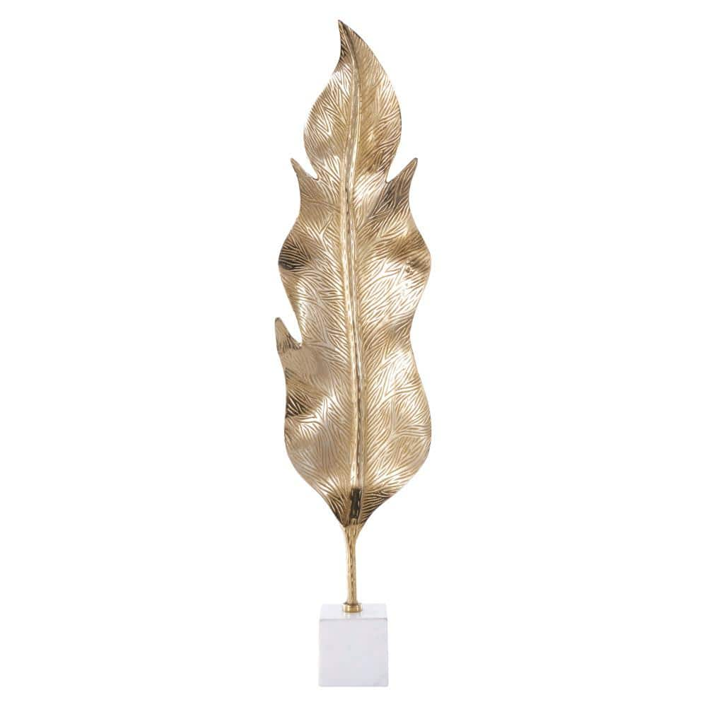 Litton Lane Gold Aluminum Metal Tall Textured Leaf Sculpture with White Marble Base