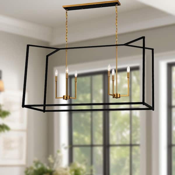 Colwick 6-Light Coal Black and Signature Brass Candlestick Island Chandelier for Kitchen, Dining Room, No Bulbs Included