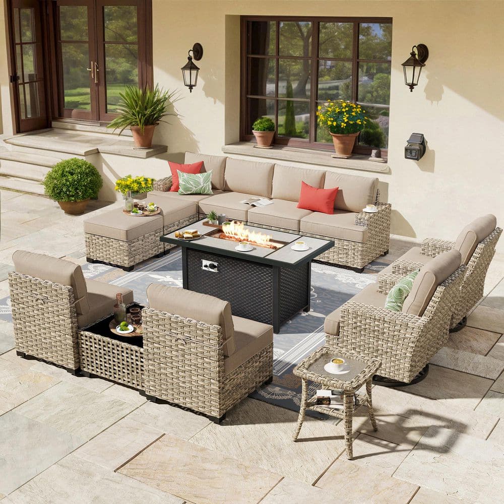 Calma 13 Pieces Wicker Outdoor Patio Rectangular Fire Pit Set and Swivel Rocking Chairs with Beige Cushions price history on PriceWatchPro