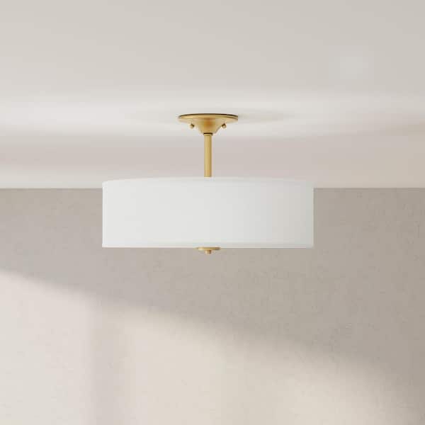 Inspire 18 in. 3-Light Satin Brass Semi-Flush Mount Ceiling Light with Summer Linen Shade