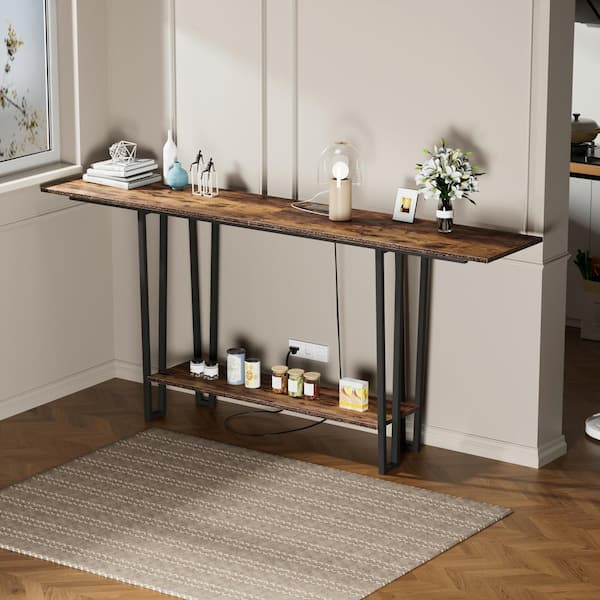 VECELO Modern Narrow Console Tables 70.8 in. L Rectangle Wood Console Table with Shelves, Sofa Side Table, Foyer Table Brown