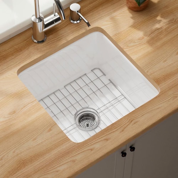 White Fireclay 18 in. Single Bowl Round Corner Undermount/Drop-In Kitchen Sink with Bottom Grid and Basket Strainer