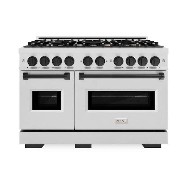 ZLINE Kitchen and Bath Autograph 48 in. Classic Double Oven Gas Range with 8 Burners in Satin Stainless Steel and Matte Black Accents