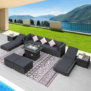 Large 11-Piece Patio Gray Wicker Sectional Sofa Sets with Fire Pit Table Chaise Lounge and Gray Cushions with Ottamans