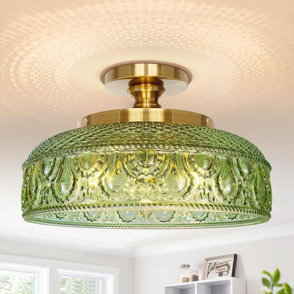 12 in. 3-Light Gold Semi Flush Mount Ceiling Light with Glass Shade and ...
