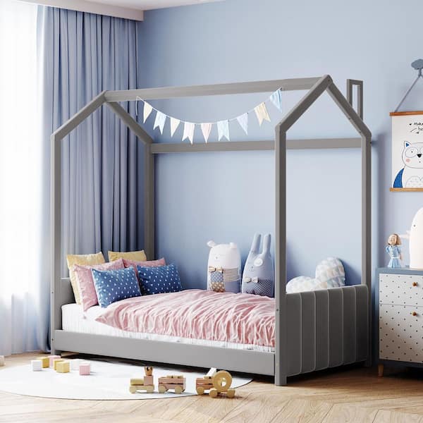 Harper & Bright Designs Gray Twin Size Velvet Wood House Bed with Headboard and Footboard