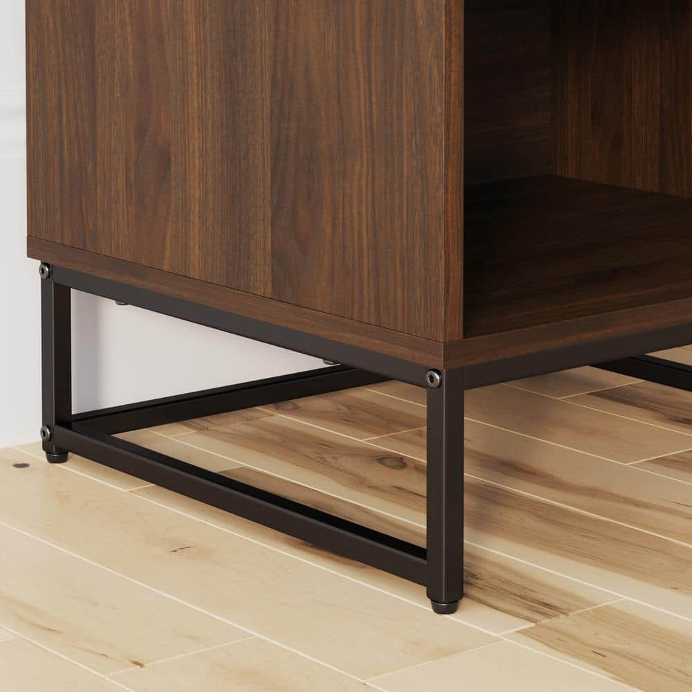 Kensi Rustic Walnut and Black 2-Drawer Nightstand with Matte Metal Base