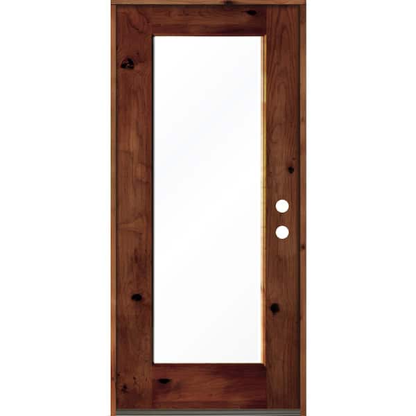 Krosswood Doors 36 in. x 80 in. Rustic Knotty Alder Wood Clear Full-Lite Red Chestnut Stain Left Hand Inswing Single Prehung Front Door