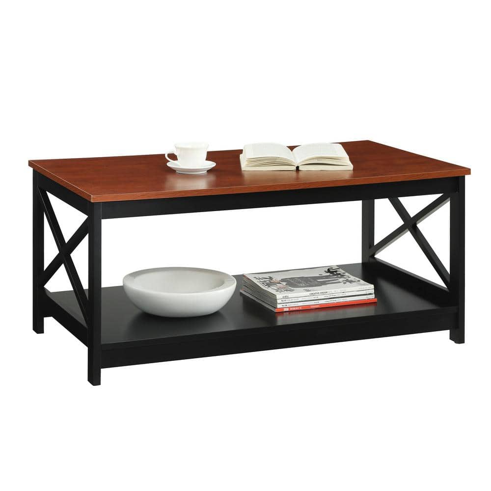 Cherry and Black Rectangular Wood Coffee Table with Shelf