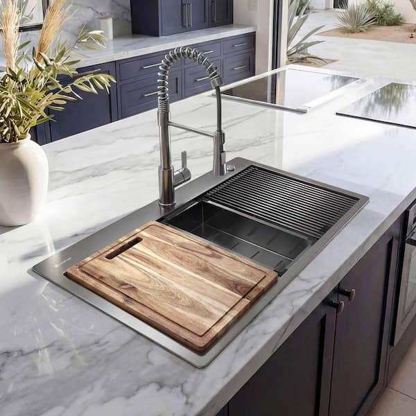 33 in Drop-In Double Bowl 18 Gauge Gunmetal Black Stainless Steel Workstation Kitchen Sink with Black Spring Neck Faucet