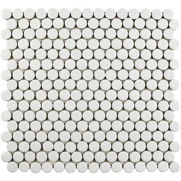 Merola Tile Hudson Penny Round Crystalline White 6 in. x 6 in. Porcelain Mosaic Take Home Tile Sample