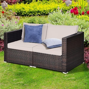 2PCS Rattan Corner Sofa Set Patio Outdoor Furniture Set w/4 Beige Cushions