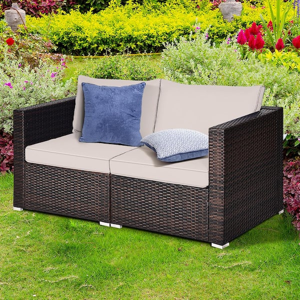 4-Piece Wicker Outdoor Rattan Corner Sectional Sofa Set Patio Furniture Set with Beige Cushions