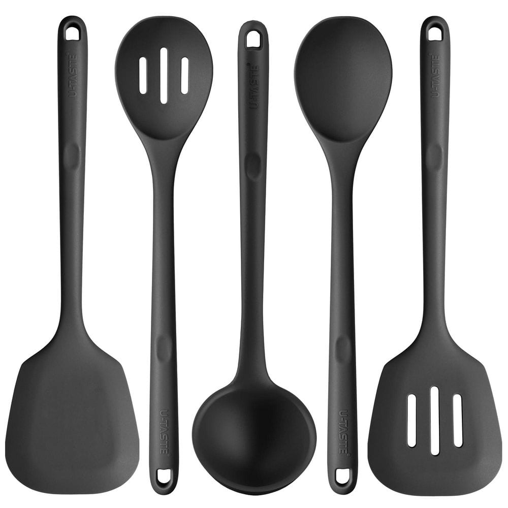 13.6 in. Black Silicone Kitchen Utensil Set, Non-Stick Cooking Tools with Turner, Spatula, Mixing Spoon and Soup Ladle