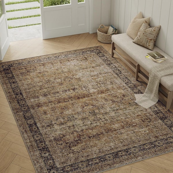 Rye Brown 5 ft. x 7 ft. Distressed Vintage Floral Area Rug