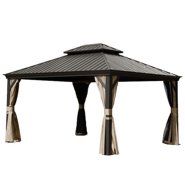 10 ft. x 14 ft. Brown Hardtop Gazebo with Galvanized Steel Double Roof and Aluminum Frame