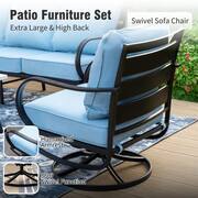 7 Seat 6-Piece Metal Outdoor Patio Conversation Set with Blue Cushions, Swivel Chairs, Rectangular Fire Pit Table