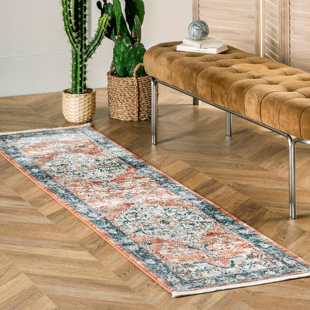 Vintage Red and Blue Medallion Synthetic Runner Rug