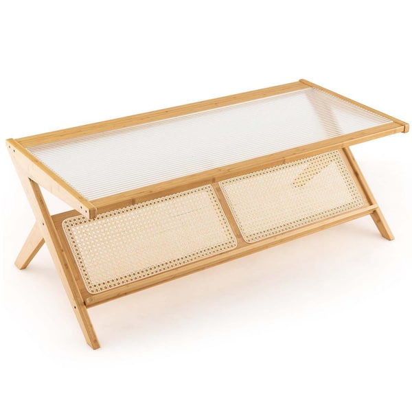 Costway 48 in. Natural Specialty Bamboo Glass Tabletop Coffee Table 2-Tier Handwoven Rattan Storage Shelf
