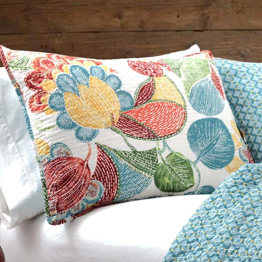 King Blue Floral Cotton Reversible Quilt Set