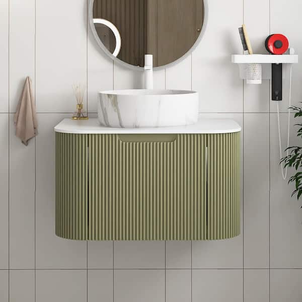 24 in. Wall-Mounted Light Green Bath Vanity with White Engineered Marble Top Pre-Assembled