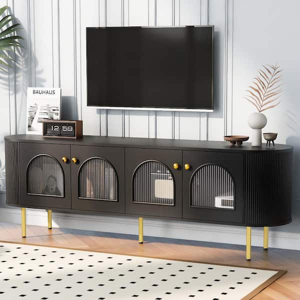 Harper & Bright Designs Black TV Stand Fits TVs up to 80 in. with Arched Glass Doors, MDF Top, Gold Metal Legs, Cable Management